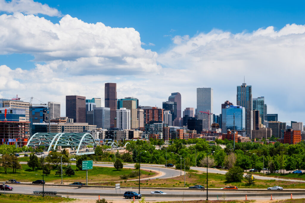 Downtown Denver skyline on a sunny day. 