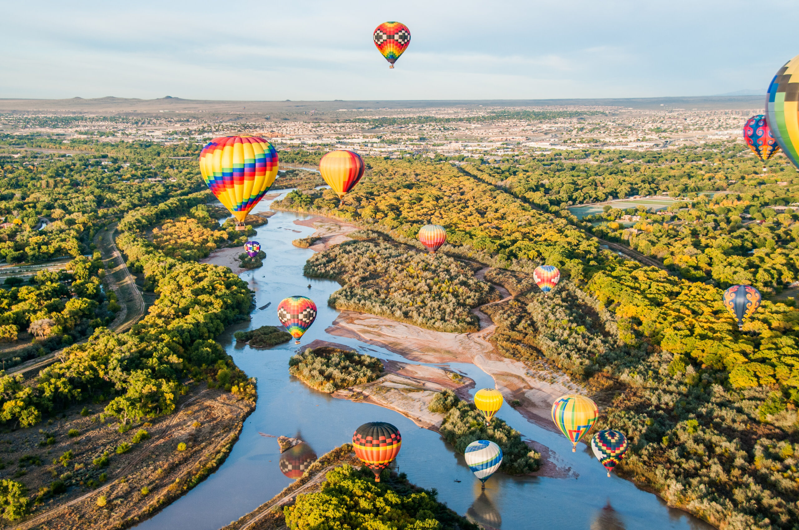 Hot air balloons flying in the sky over Albuuerque's green trees and river landscape.