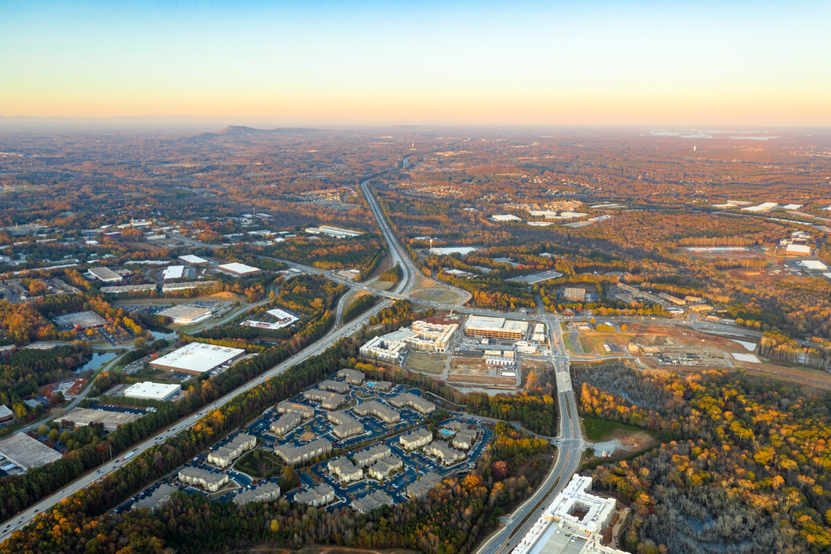 Aerial view of houses in subdivisions in the suburbs of Atlanta at Golden Hour