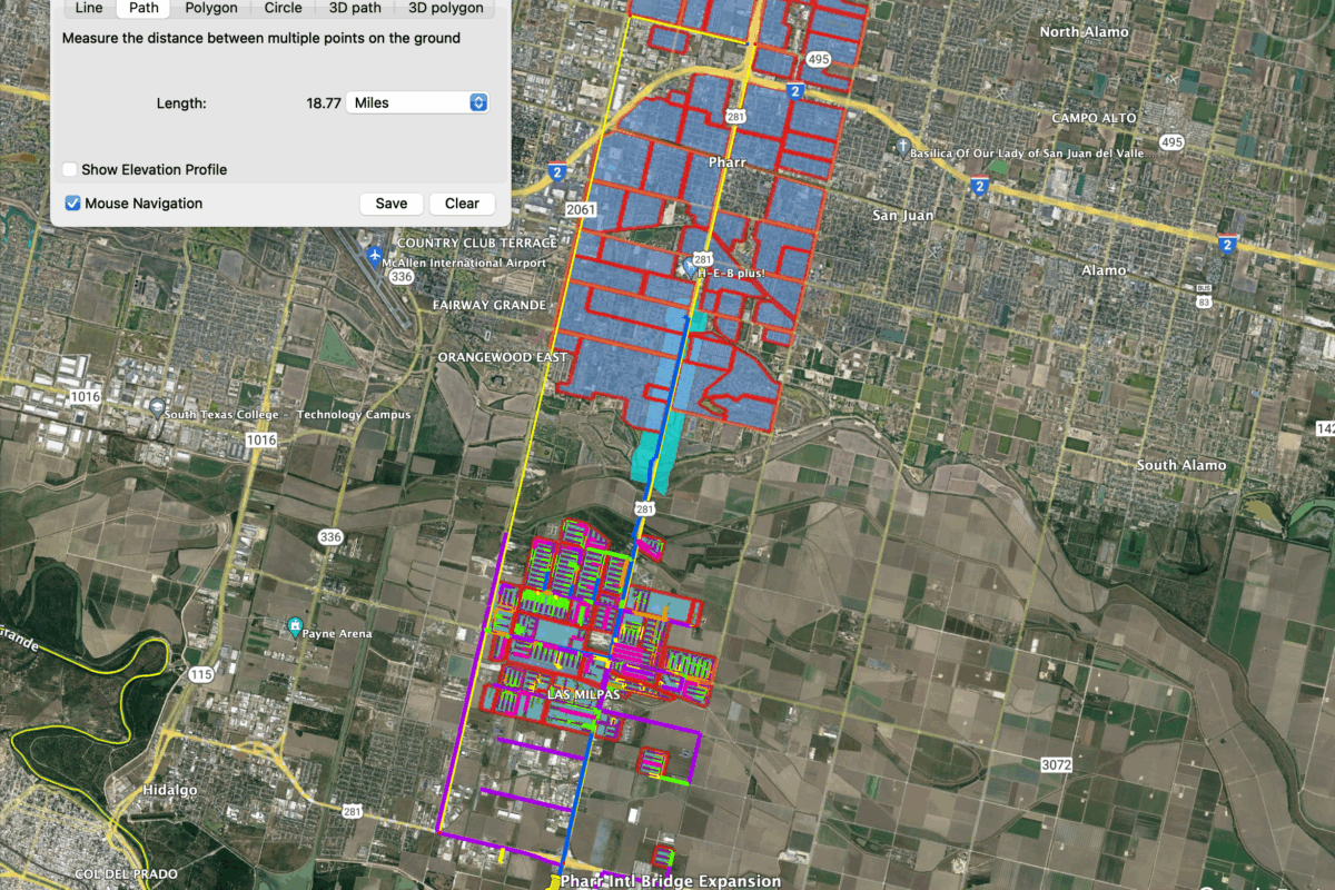 Aerial map of the proposed fiber placement and served areas for the City of Pharr's broadband network